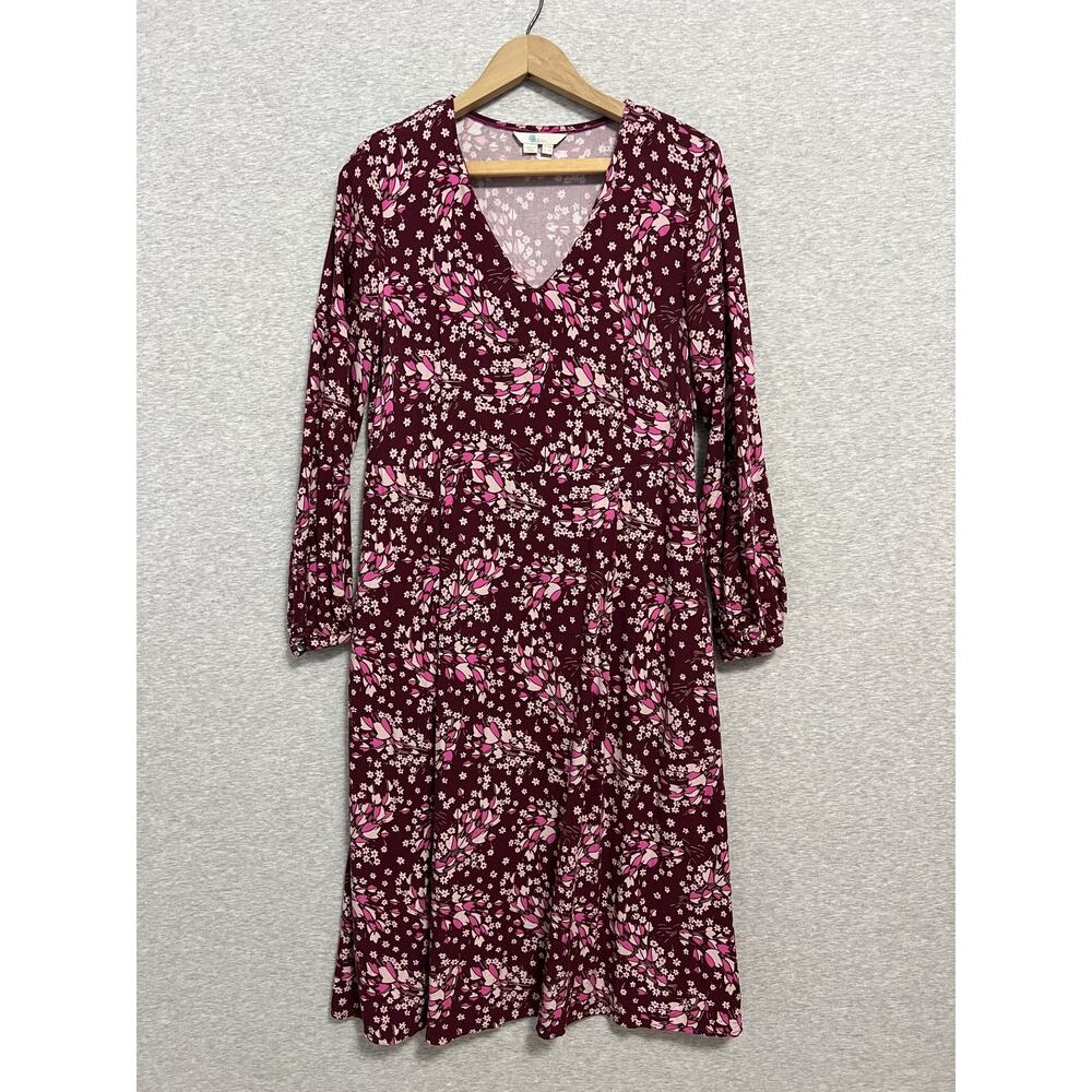 Boden Dress Womens 8 Burgundy Pink Floral Long Sleeve Pockets V Neck Midi Boho